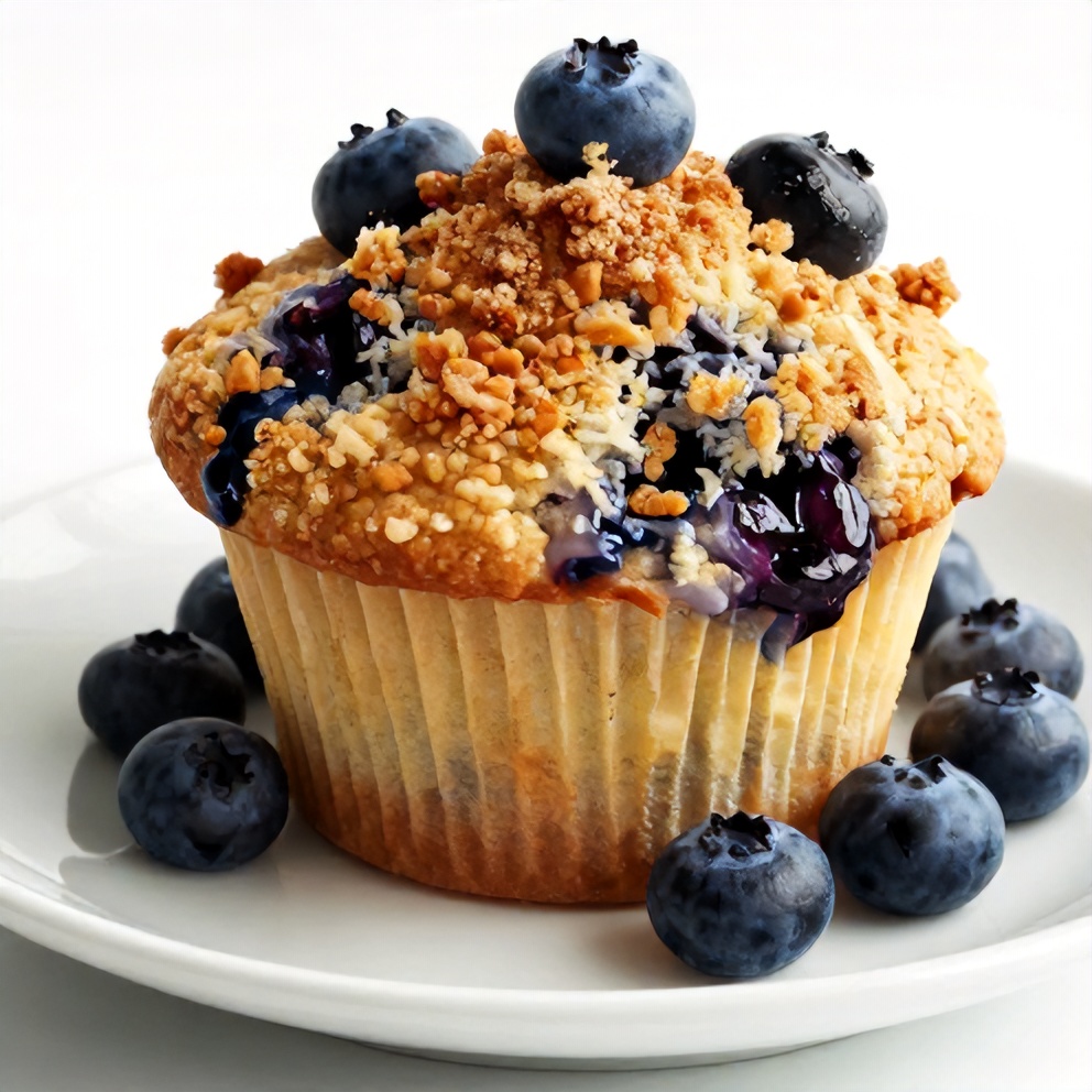 Plated jumbo blueberry muffin with crispy cinnamon crumble and fresh blueberries