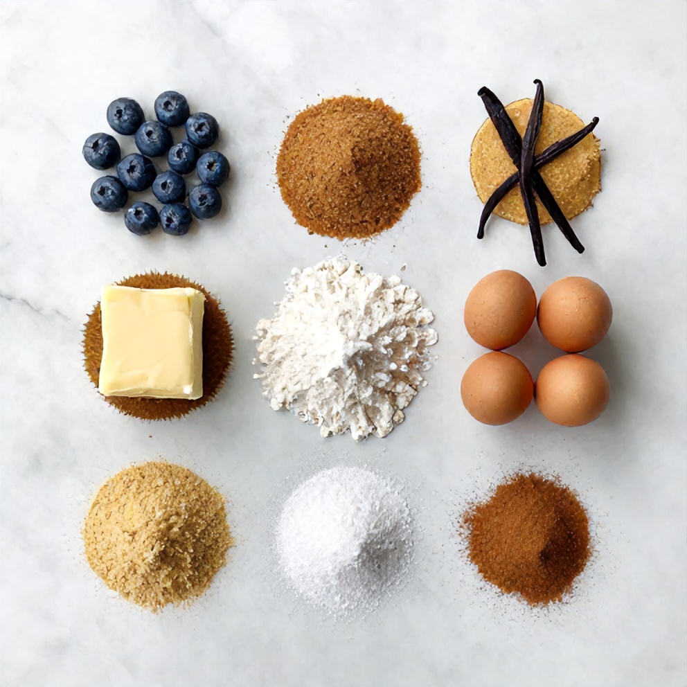 Blueberries, flour, sugar, eggs, butter, and other ingredients for jumbo blueberry muffins