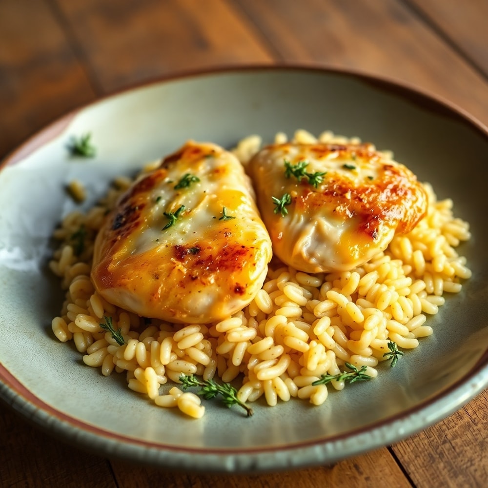 Plated French Onion Chicken Orzo, garnished with fresh thyme, on a rustic plate, warm side lighting