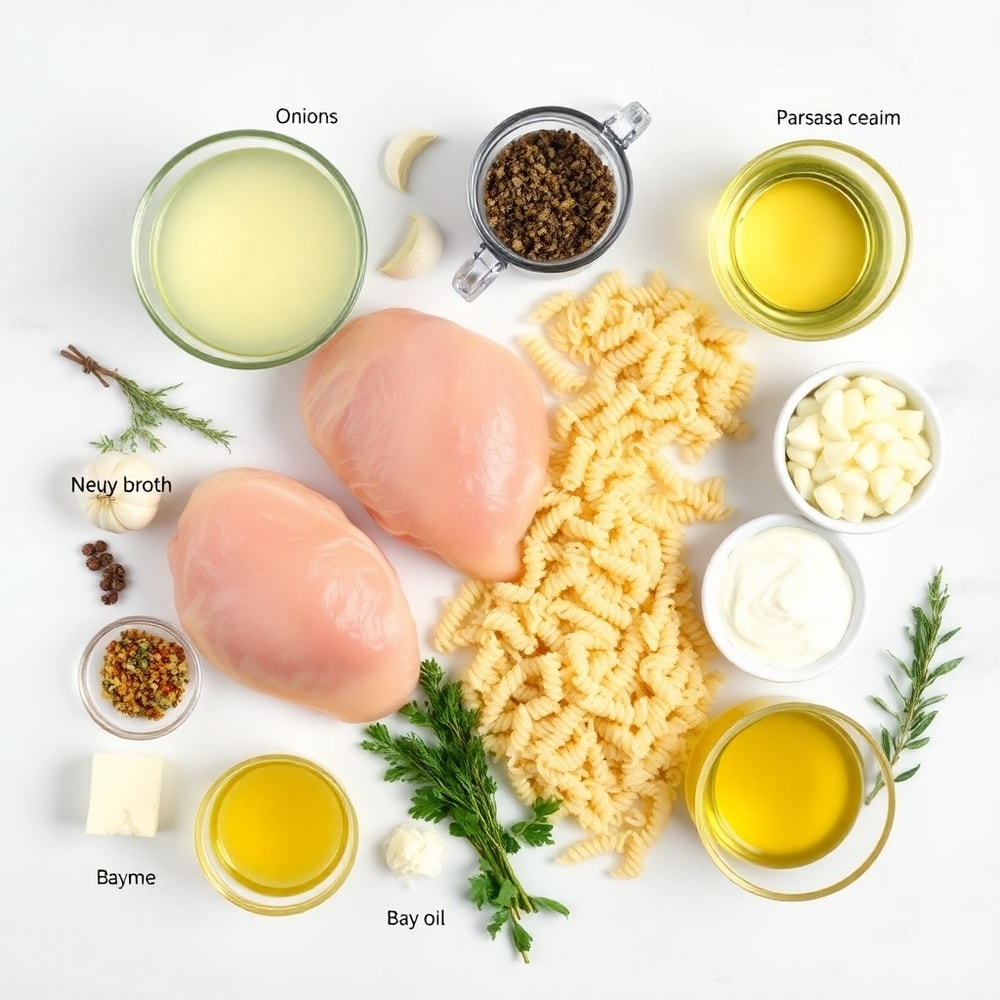 Raw ingredients for French Onion Chicken Orzo: chicken breasts, orzo, onions, garlic, chicken broth, white wine, thyme, bay leaves, heavy cream, Parmesan cheese, salt, pepper, olive oil