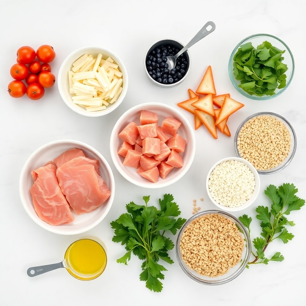 Healthy Dinner Ingredients on a Marble Counter