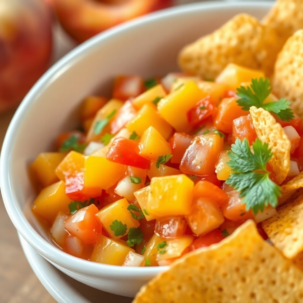 Fresh Zesty Peach Salsa served in a bowl with tortilla chips