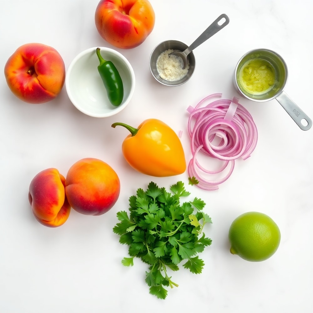 Raw ingredients for Fresh Zesty Peach Salsa on a white marble surface