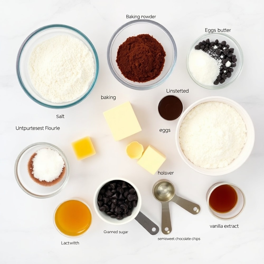 Raw ingredients for Fudgy Chocolate Brownie Cookies on a marble surface