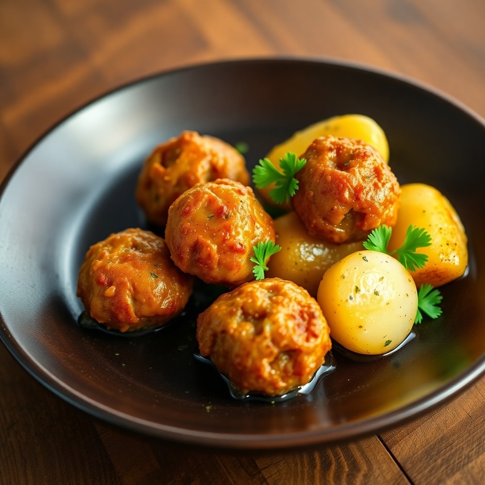 Garlic Butter Meatballs and Potatoes Ready to Serve