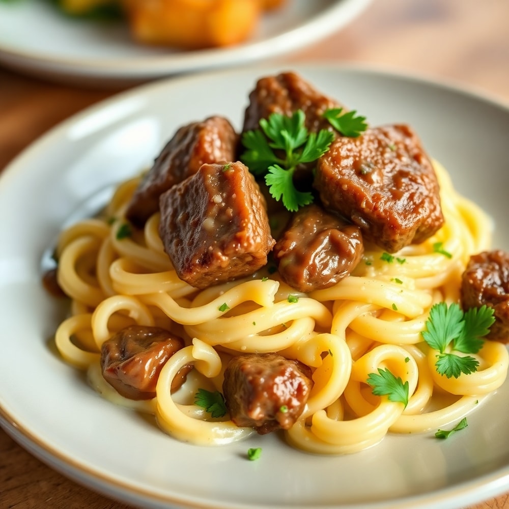 Plated Garlic Butter Steak Bites with Creamy Shell Pasta