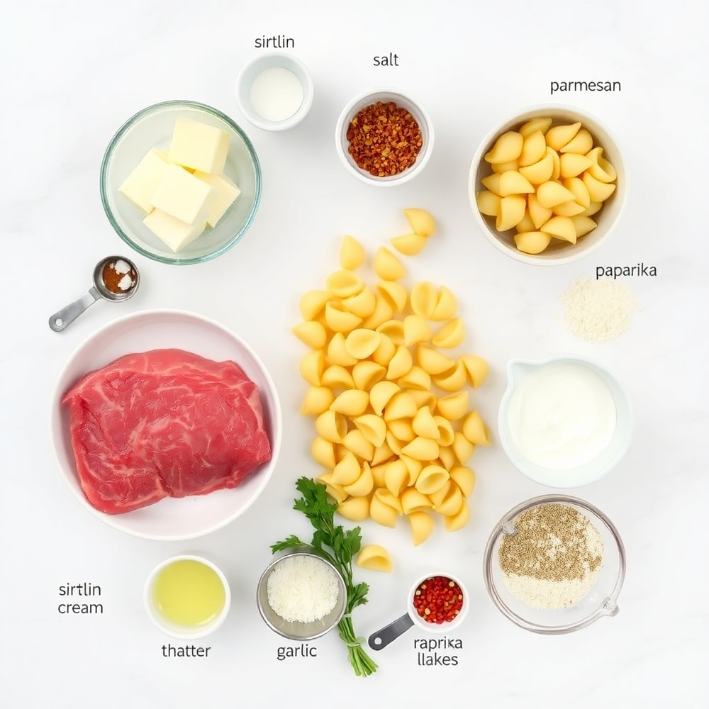 Raw Ingredients for Garlic Butter Steak Bites with Creamy Shell Pasta
