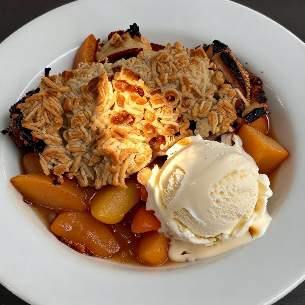 Served Georgia Peach Cobbler with a scoop of vanilla ice cream