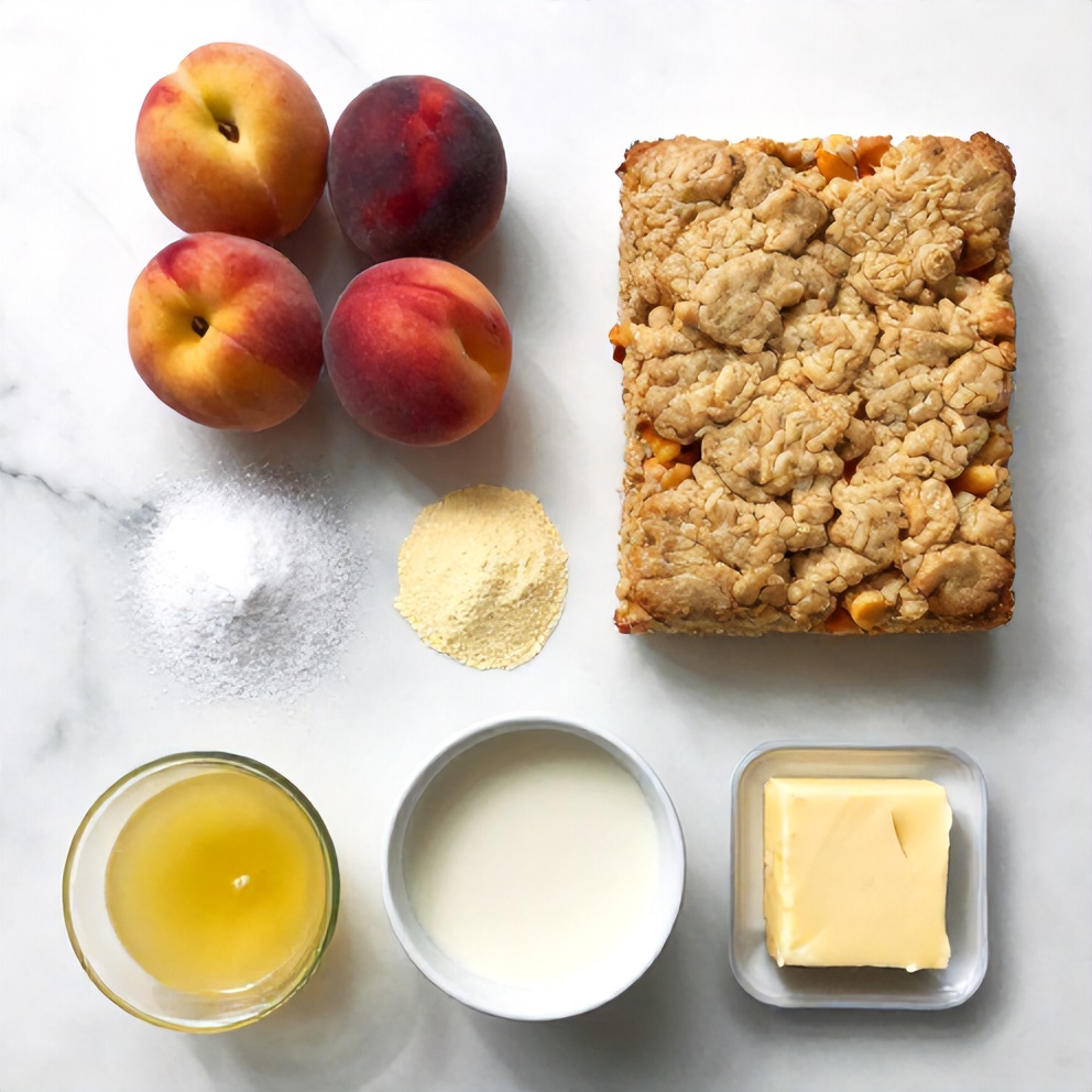 Raw ingredients for Georgia Peach Cobbler: fresh peaches, sugar, cornstarch, lemon juice, biscuit mix, buttermilk, butter