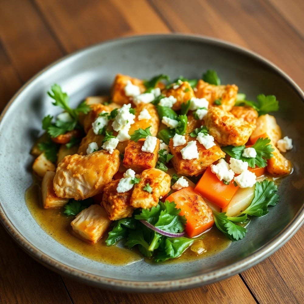 Greek Chicken Bowl plated with feta and parsley