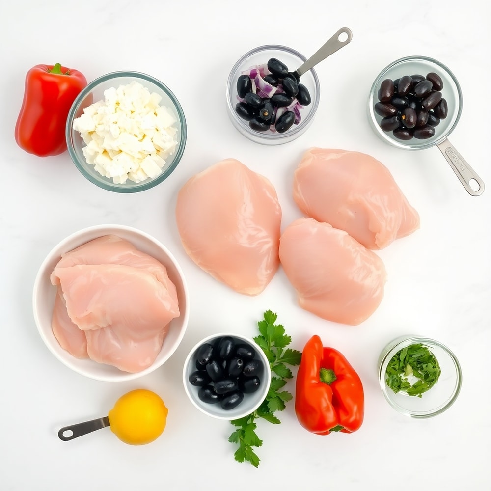 Raw ingredients for Greek Chicken Bowl on a marble surface