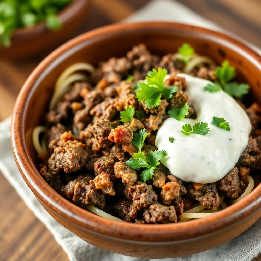 Greek Ground Beef Bowl with Tzatziki