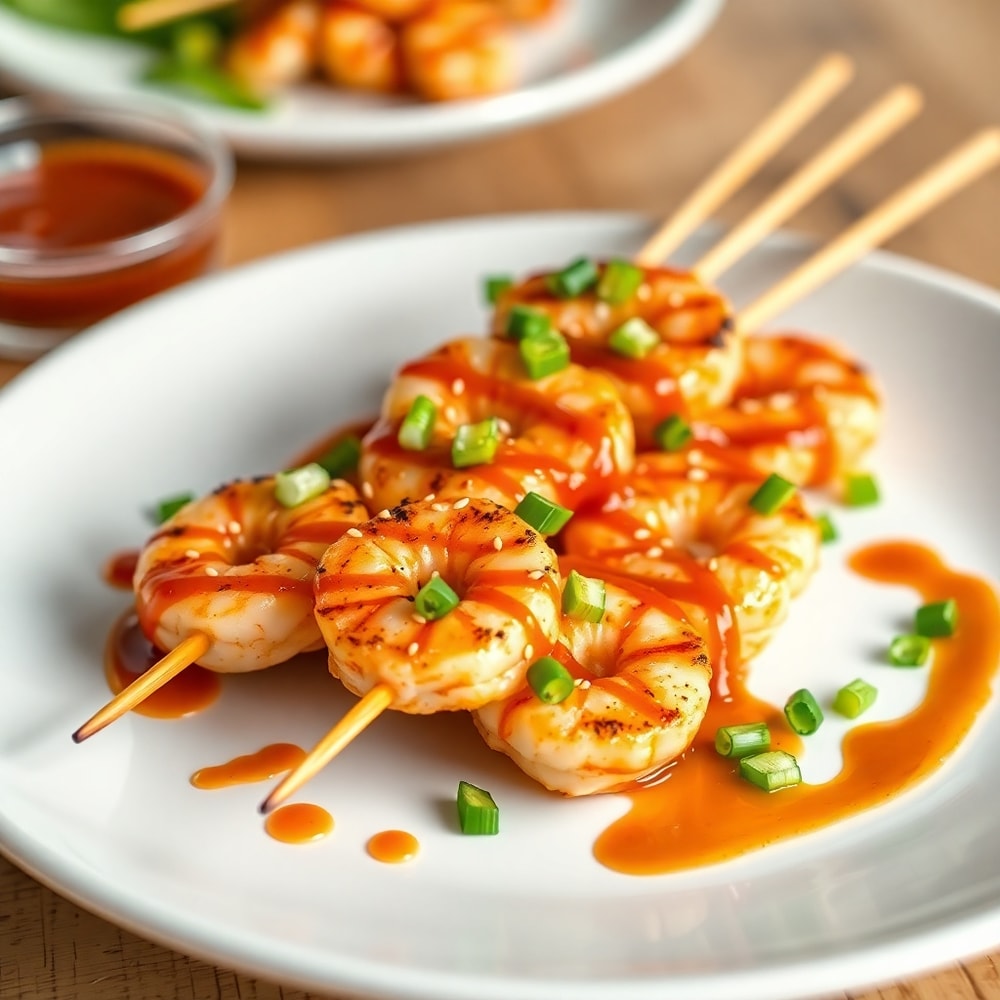 Plated Grilled Bang Bang Shrimp Skewers with green onions