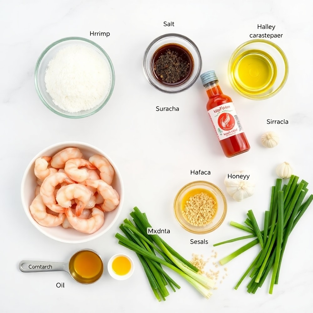 Raw ingredients for Grilled Bang Bang Shrimp Skewers on a marble surface
