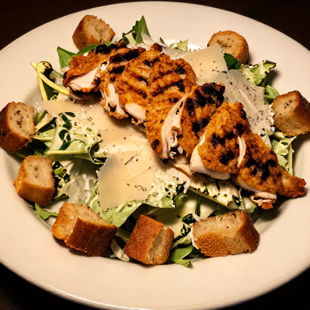 Plated Grilled Chicken Caesar Salad with Garlic Croutons