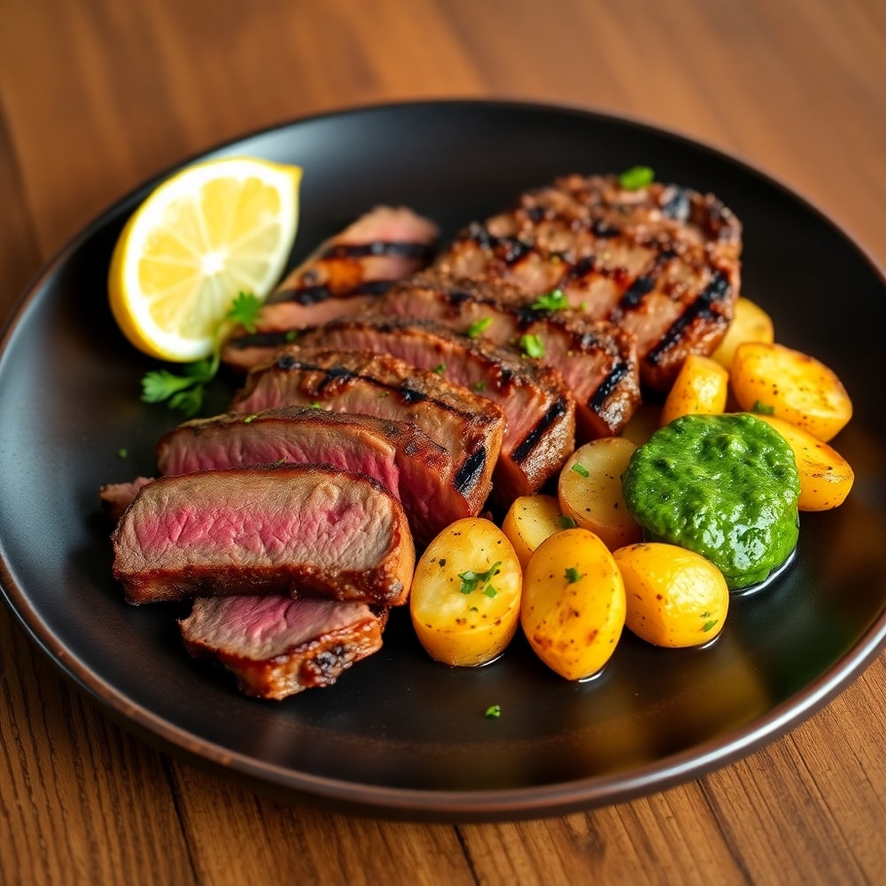Plated grilled flat iron steak with garlic potatoes and chimichurri verde