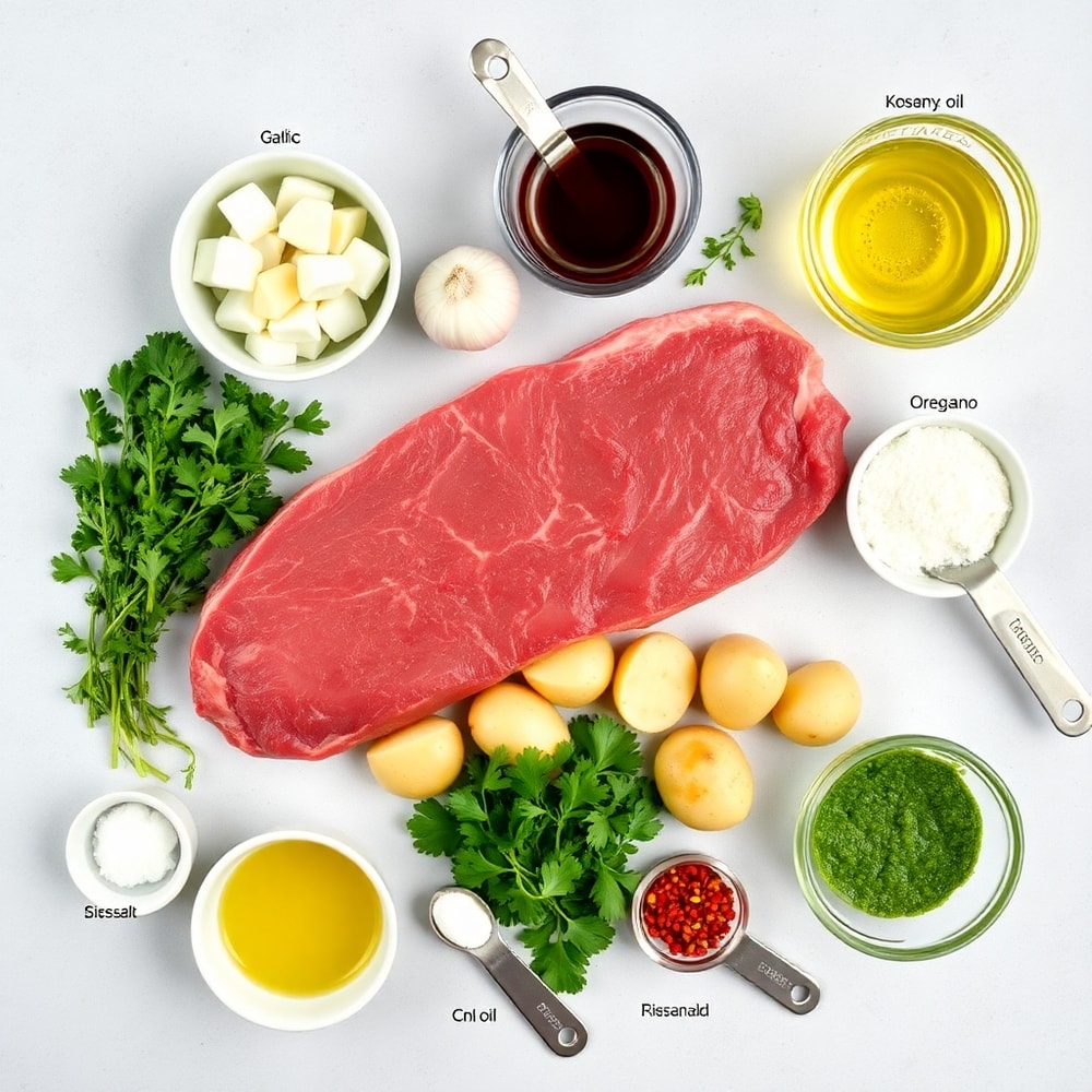 Raw ingredients for grilled flat iron steak with garlic potatoes and chimichurri verde