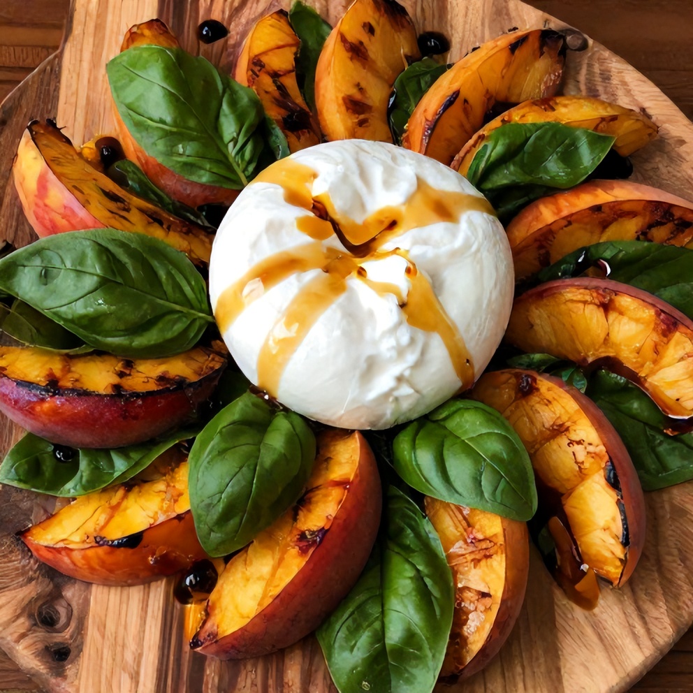 Plated Grilled Peach Burrata Salad