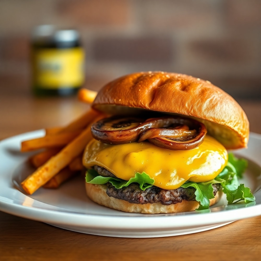 Plated Portobello Mushroom Burger with a side of fries