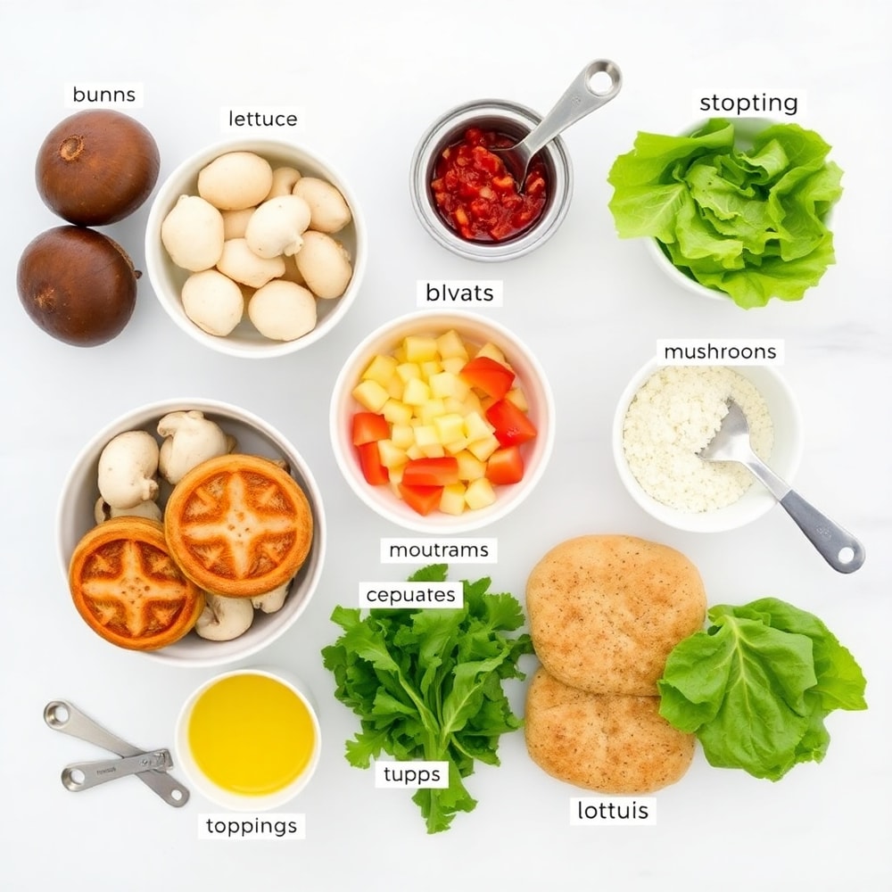 Raw ingredients for Portobello Mushroom Burgers including mushrooms, buns, and toppings