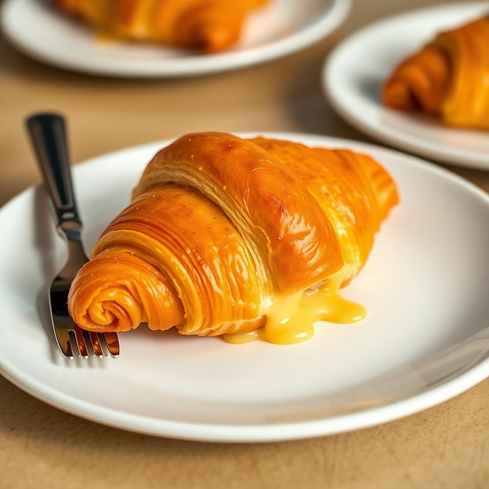 Ham and cheese croissant on a white plate with a knife