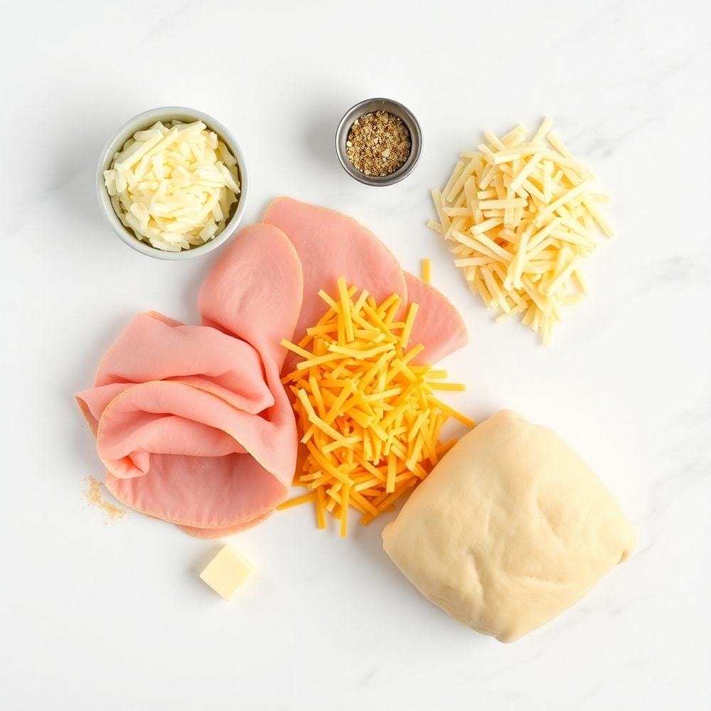 Ham, cheese, butter, and crescent roll dough on a marble surface