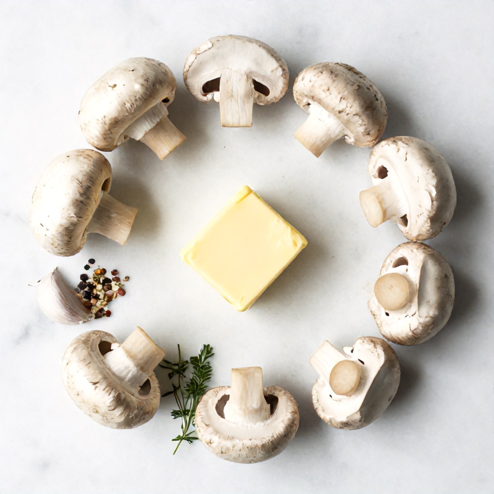 Raw mushrooms, garlic, butter, herbs, and seasonings laid out