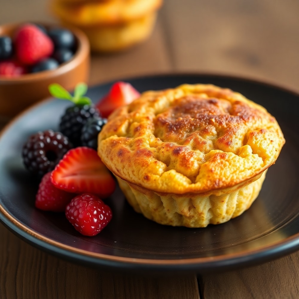 High Protein Pancake Muffins on a plate with a side of fresh berries