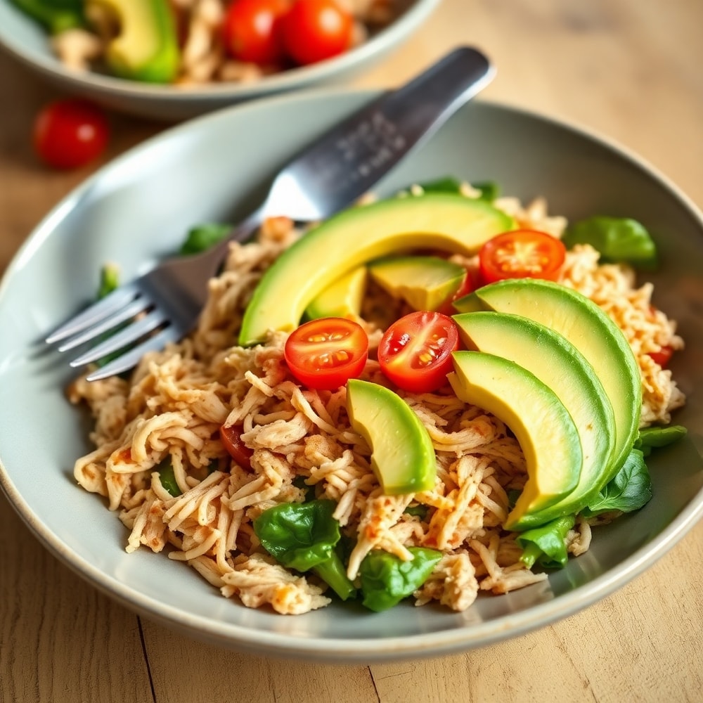 Plated high-protein shredded chicken meal-prep bowl with avocado and cherry tomatoes