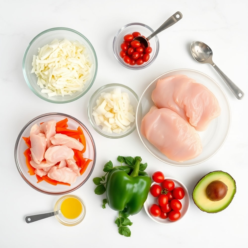 Raw ingredients for high-protein shredded chicken meal-prep bowls laid out on a marble surface
