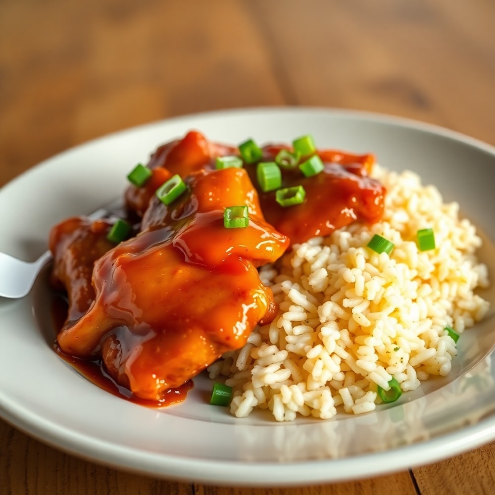 Plated Honey BBQ Chicken and Rice with green onions