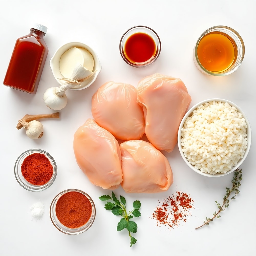 Honey BBQ Chicken and Rice ingredients on a marble surface