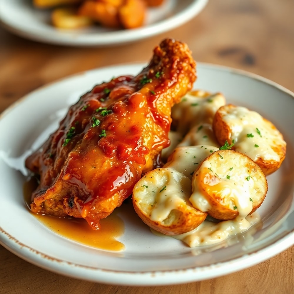 Honey BBQ Chicken with Creamy Garlic Parmesan Potatoes