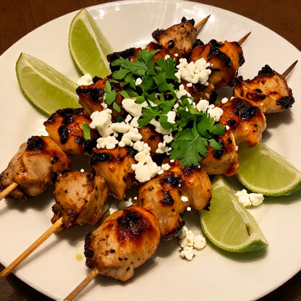 Plated Honey Chipotle Chicken Skewers with garnish
