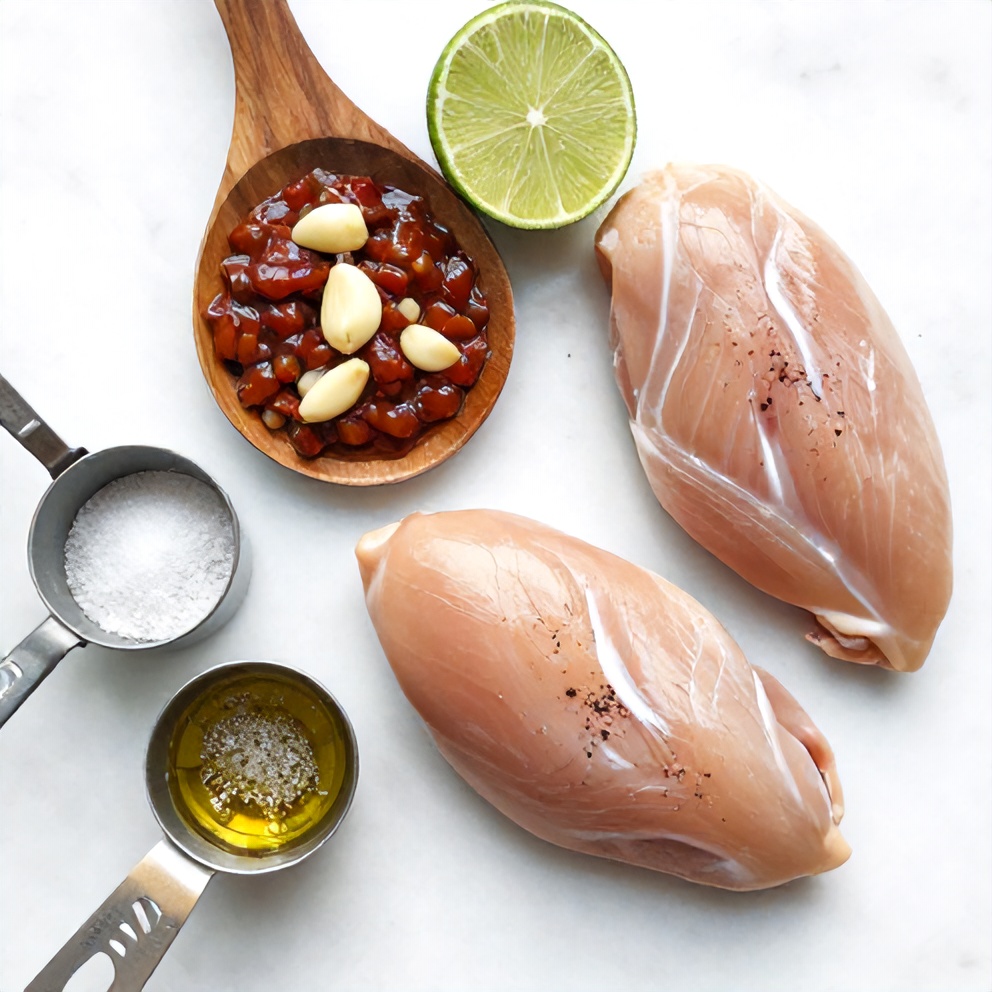 Raw ingredients for Honey Chipotle Chicken Skewers on a marble surface