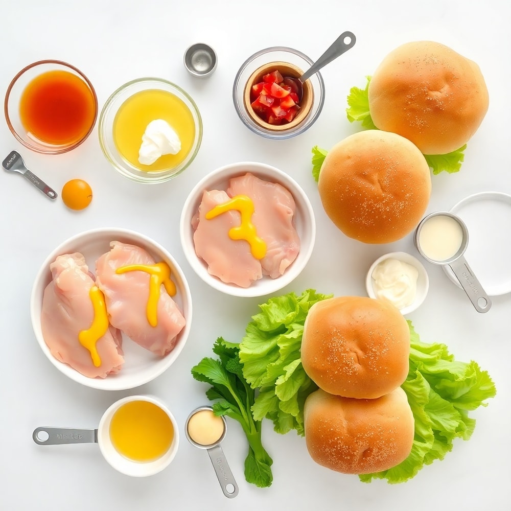 Raw ingredients for Honey Mustard BLT Chicken Sliders on a marble surface