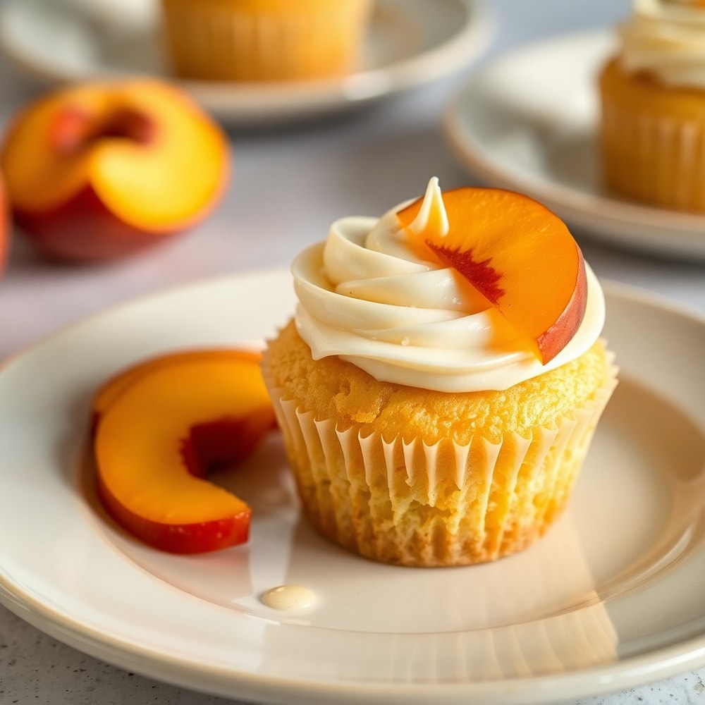 Honey Peach Cream Cheese Cupcakes plated with a side of fresh peach slices