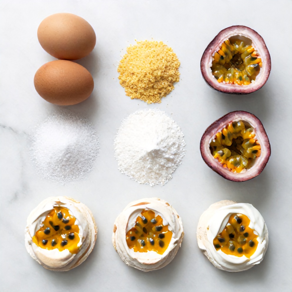 Raw ingredients for Individual Passionfruit Pavlovas including eggs, sugar, cornstarch, passionfruit, and heavy cream