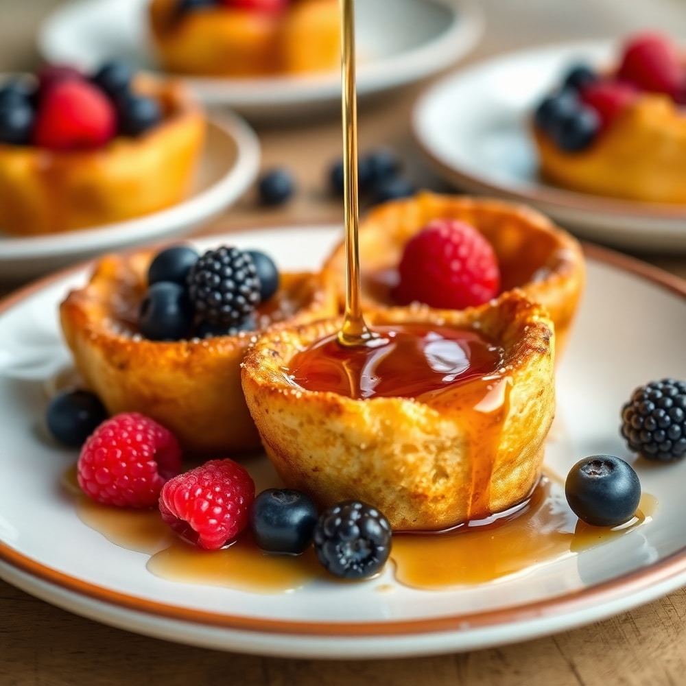 French Toast Cups plated with fresh berries and maple syrup