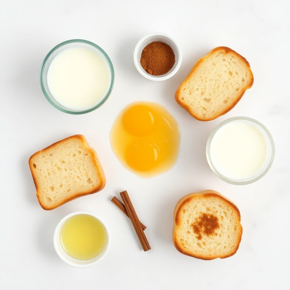 Raw ingredients for French Toast Cups including bread, eggs, milk, and cinnamon
