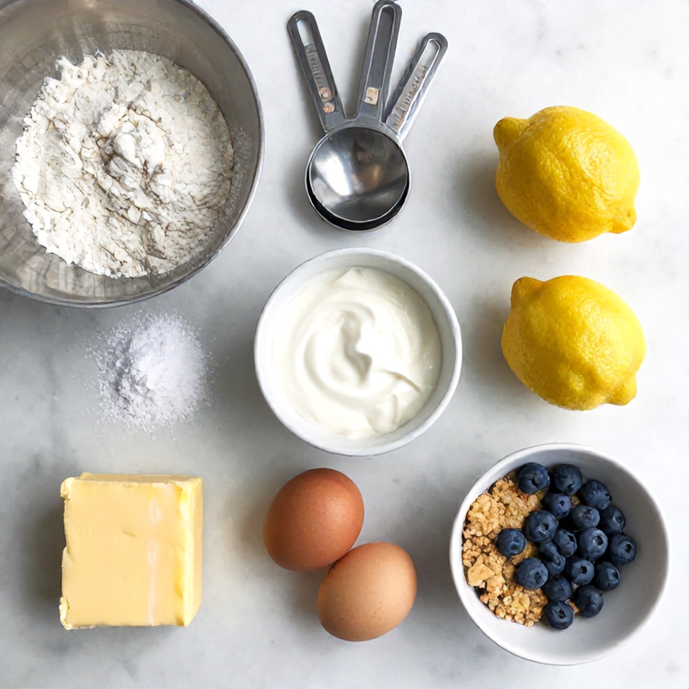 Lemon Blueberry Crumb Cake ingredients on a marble counter