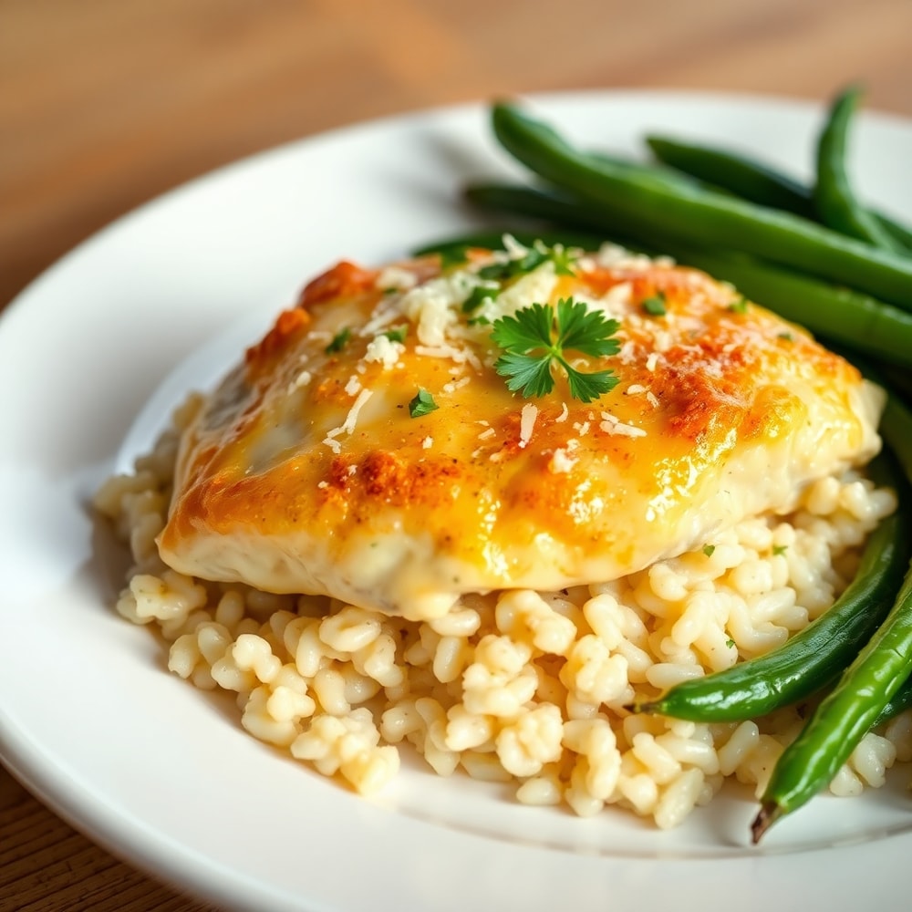 Plated Serving of Creamy Smothered Chicken and Rice