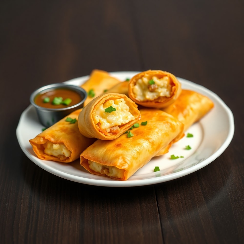 Jalapeno Popper Egg Rolls on a white plate with a garnish of chopped cilantro