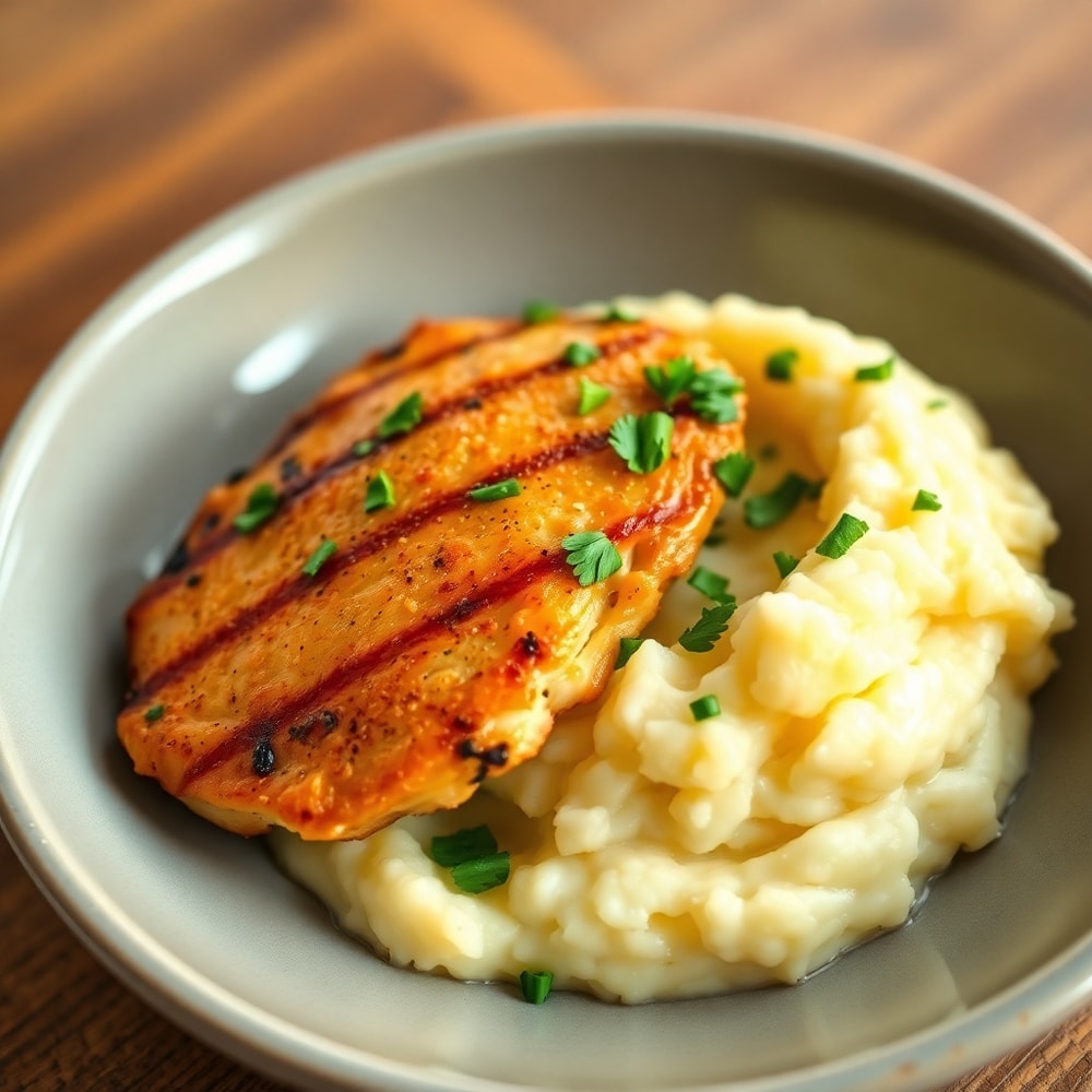 Plated grilled chicken mashed potato bowl with chopped parsley
