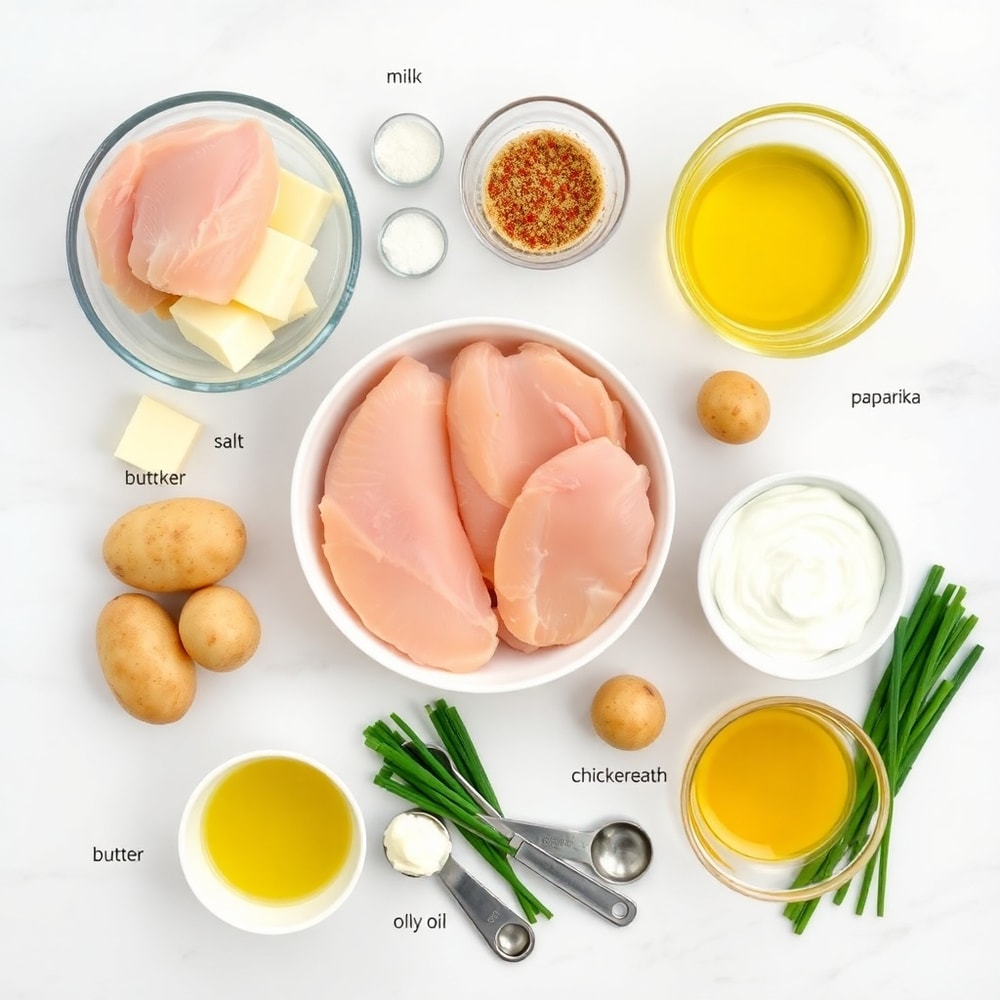 Raw ingredients for grilled chicken mashed potato bowls