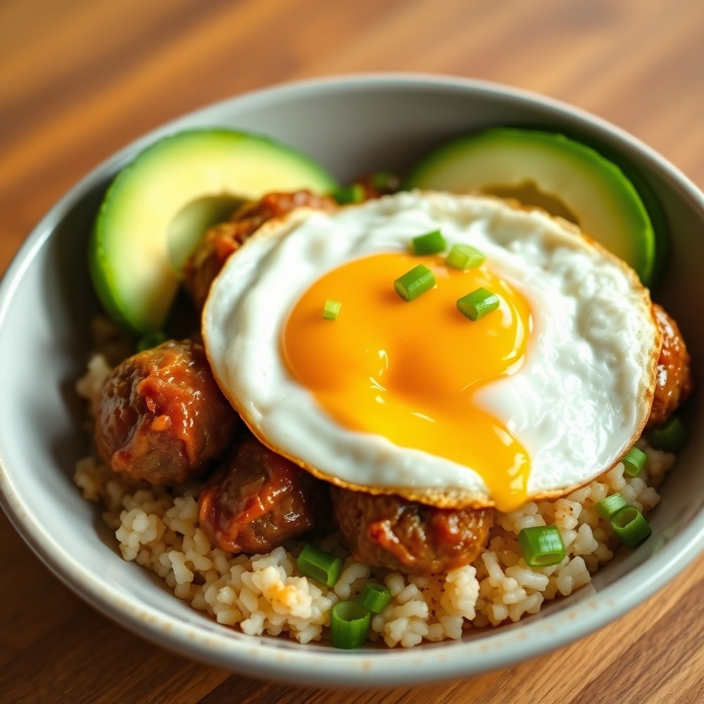 Plated Korean BBQ meatball rice bowl