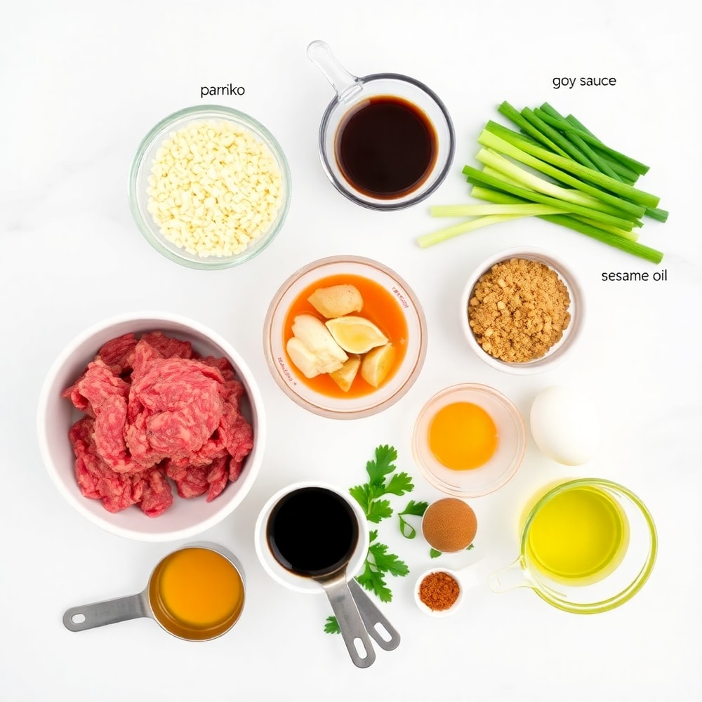 Raw ingredients for Korean BBQ meatball rice bowls