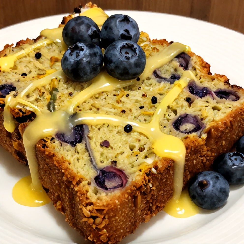 Slice of Lemon Blueberry Zucchini Bread on a white plate