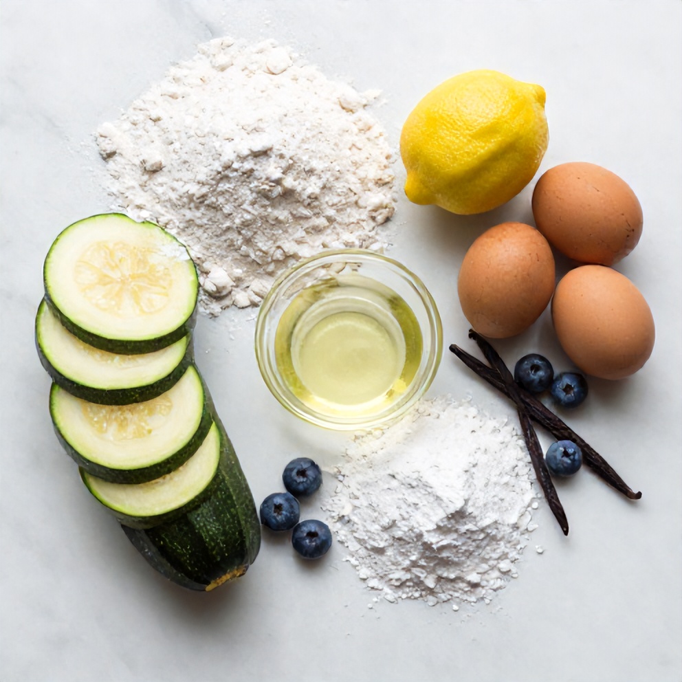 Ingredients for Lemon Blueberry Zucchini Bread on a marble surface