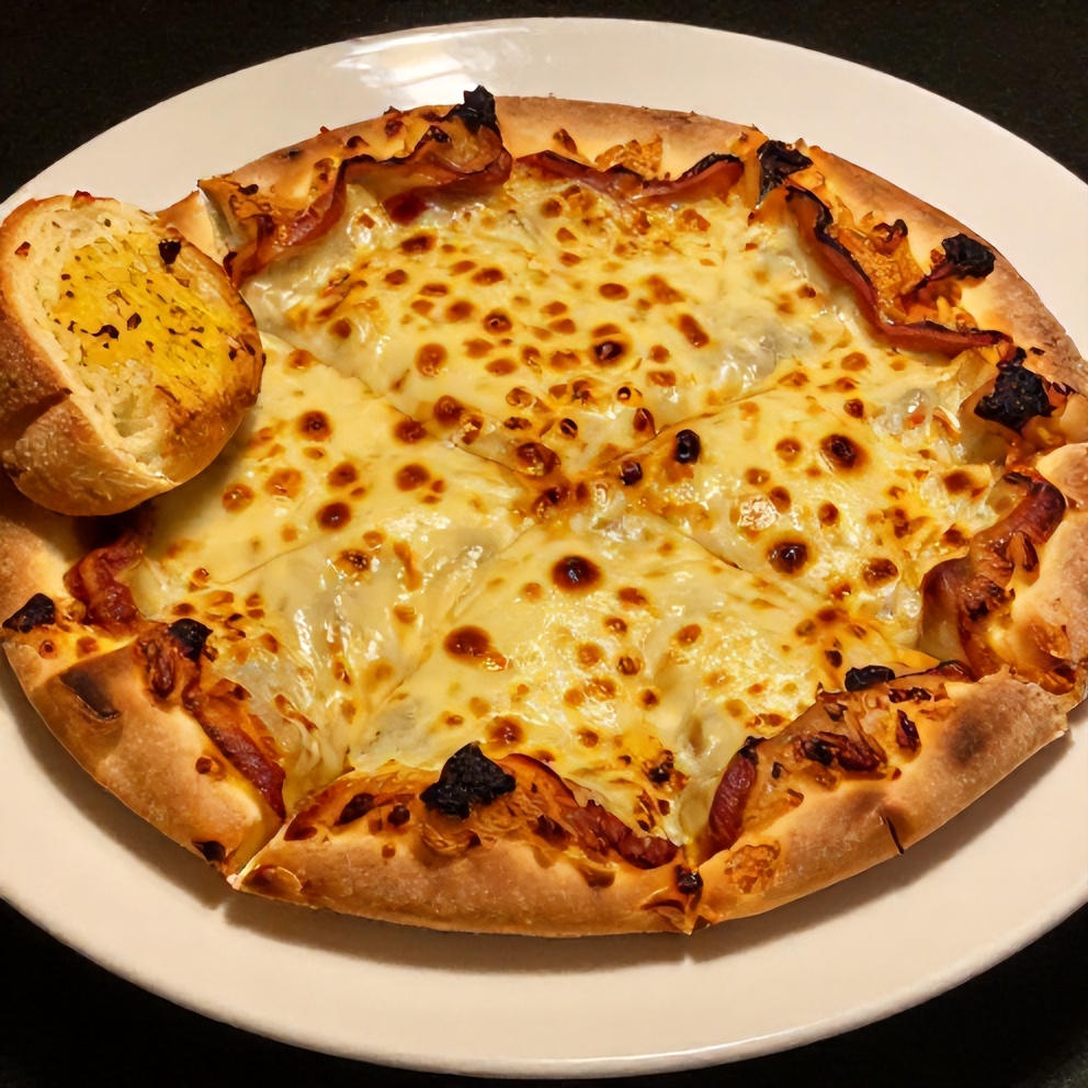 Sliced low carb pizza casserole on a plate with a side of garlic bread